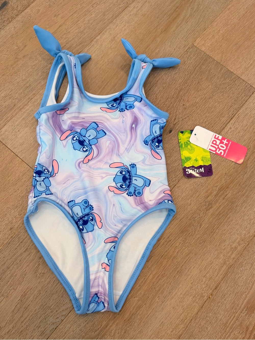 NWT Disney Pastel Blue & Pink Stitch Kids One-Piece Swimsuit with Tie Straps 4